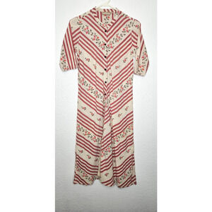 Utsa Womens Kurta Midi Dress Medium Red Chevron Floral 3/4 Sleeve Cotton Linen